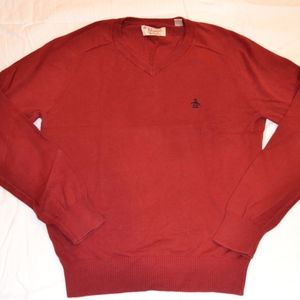 Original Penguin Mens M VNeck Red Cotton Sweater